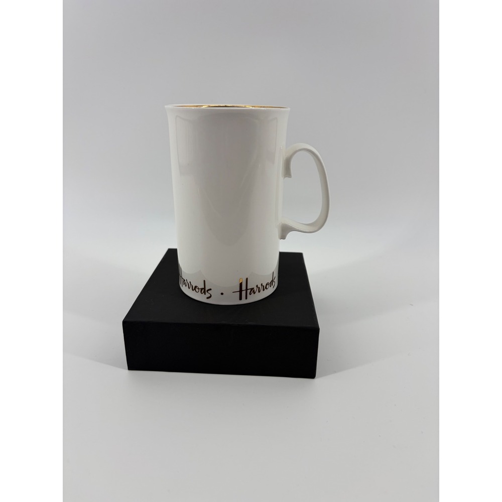 Harrods Fine Bone China Mug White Gold Rim Made in England Scalloped Logo Tall
